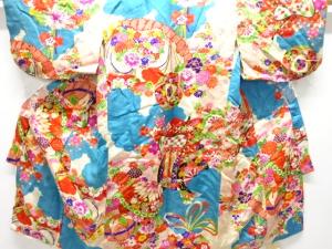 アンティーク　綸子檜扇に花・御所車模様着物